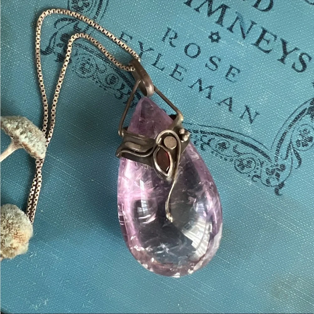 Large Amethyst Teardrop Pendant Necklace Sterling Silver - Picture 2 of 3